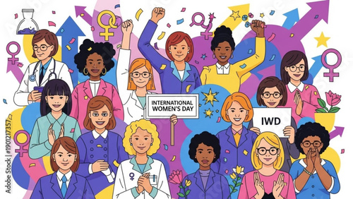 Diverse women celebrating international women's day with signs and symbols of female empowerment