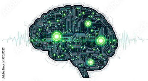 A futuristic illustration of a brain made of circuit boards with glowing green lights