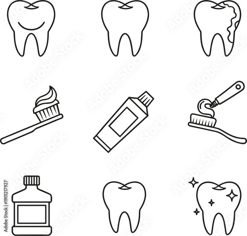 Black and white line art illustrations of dental care icons teeth cleaning and oral hygiene products for healthcare concepts।