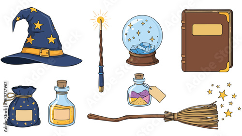 Enchanting collection of wizardry and magic-themed items, featuring a pointed hat, shimmering wand, crystal ball, ancient spellbook, mysterious potions, magic bag, and broomstick.