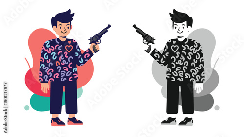 Two identical cartoon men, one vividly colored and the other in grayscale, both wearing patterned sweaters and holding pistols, illustrating concepts of choice or contrast.
