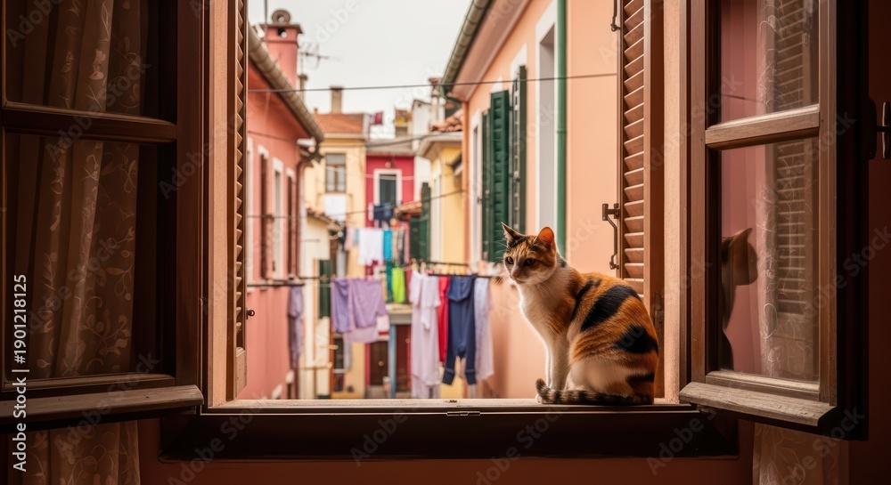Fototapeta premium Calico cat sitting on a window sill overlooking a colorful european street with laundry and shuttered houses
