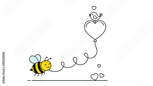 Adorable cartoon bee happily flying and holding a swirling string attached to a heart-shaped balloon, which carries a small bird, symbolizing love, joy, or a special message.