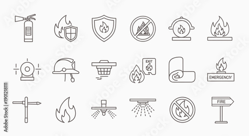 A comprehensive set of line icons illustrating various fire safety equipment, warning signs, and emergency procedures.