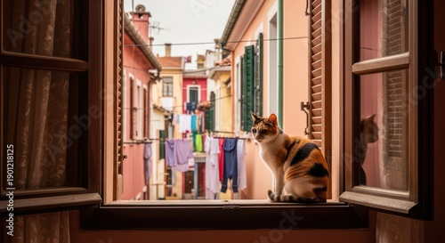 Calico cat sitting on a window sill overlooking a colorful european street with laundry and shuttered houses