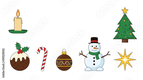 Delightful collection of Christmas and holiday-themed icons, featuring a glowing candle, festive holly, candy cane, ornaments, jolly snowman, bright star, and decorated trees.