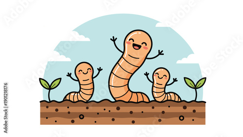 Three cheerful cartoon worms with big smiles, happily emerging from rich brown soil, surrounded by small green sprouts, symbolizing healthy earth and growth.
