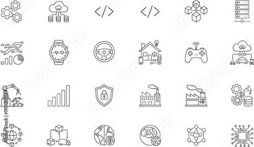 Set of line icons representing internet of things, industry, smart technology, automation, data, and cloud computing.