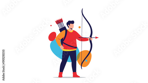 Focused man with a quiver of arrows securely on his back, confidently holding a bow and arrow, poised and ready to shoot, depicting the sport of archery.