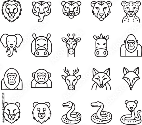 black and white vector line icon set of 20 different animals, arranged in a 5×4 grid layout