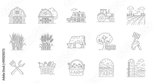 A collection of line art icons depicting various elements of farming and agriculture, including barns, tractors, crops, animals, and tools.