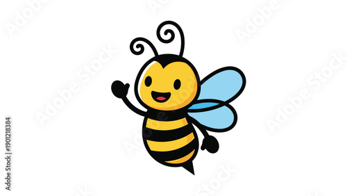 Adorable cartoon bee with black and yellow stripes, big happy eyes, and transparent wings, happily waving one hand as if greeting, exuding charm and friendliness.