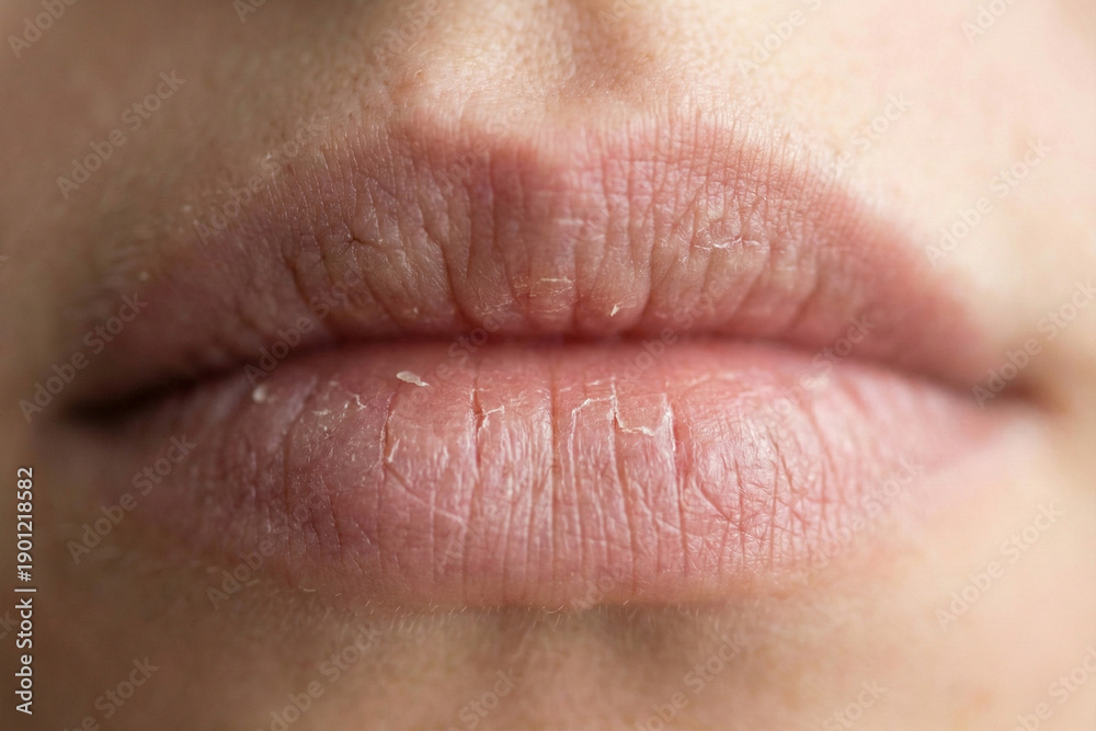 Fototapeta premium Close Up of Dry Chapped Lips, Dehydration and Winter Skin Problem Concept