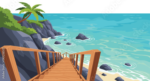 Inviting wooden stairs leading down to a secluded rocky beach with clear turquoise ocean water and a lush palm tree.