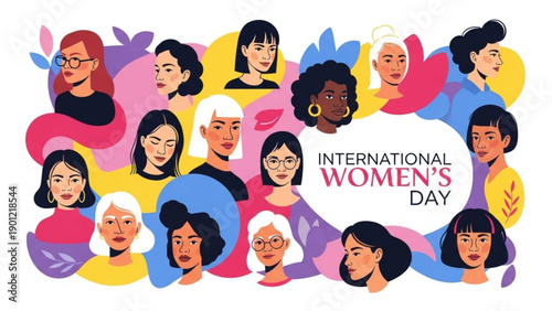 Diverse women celebrate international women's day with colorful illustration of faces and hands