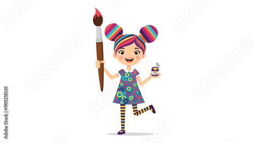 Cheerful cartoon girl with vibrant multi-colored pigtail buns and a cheerful polka-dot dress, happily holding a giant paintbrush and a small can of paint, symbolizing creativity.