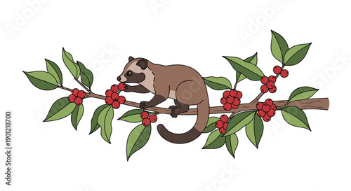 Cute civet cat skillfully foraging for ripe red coffee berries on a lush branch, showcasing its natural habitat.