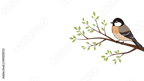 Beautifully detailed small bird with intricate brown, grey, and black feather patterns, perched calmly on a leafy branch, illustrating a serene moment in nature.