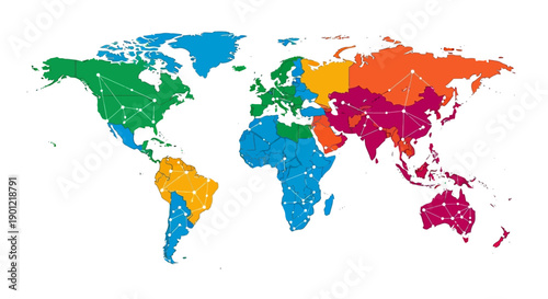 Global Digital Network World Map. Colorful Geopolitical Regions Connected by Technology, Data Transfer, and Business Communication Infrastructure