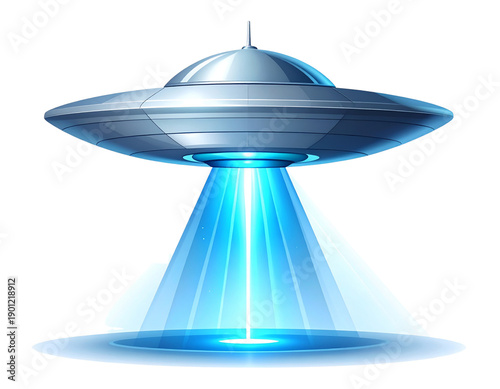 Minimal Sci-Fi UFO Icon with Silver Disc and Soft Blue Beam.