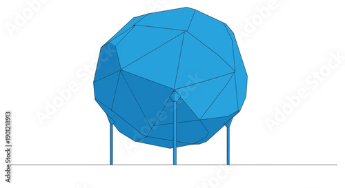 Abstract Blue Polygonal Sphere Structure on Stilts. Low Poly Geometric Architectural Concept isolated on White.