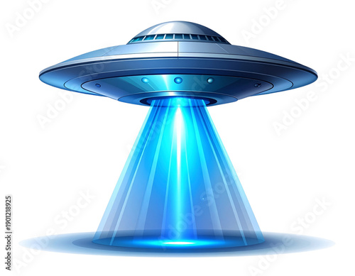 Minimal Sci-Fi UFO Icon with Silver Disc and Soft Blue Beam