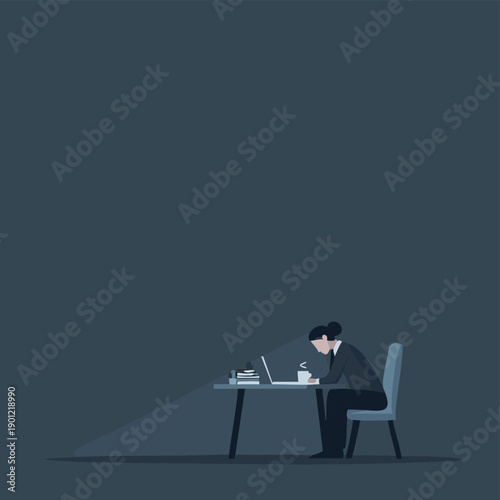 Lonely Office Worker Working Late at Night – Workplace Burnout Concept