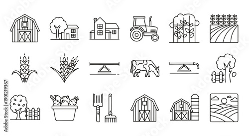A collection of outline icons representing various aspects of farming, agriculture, and rural life, including barns, crops, animals, and tools.