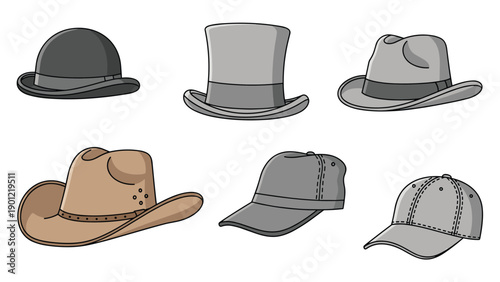 Diverse collection of classic and modern hat styles, including a bowler, top hat, fedora, cowboy hat, and two baseball caps.