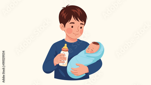 Gentle and caring father or older brother holding a swaddled newborn baby and a baby bottle, representing family and nurture.