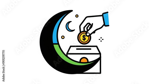 Hand putting coin into savings box with crescent moon symbolizing financial planning and investment for the future at night