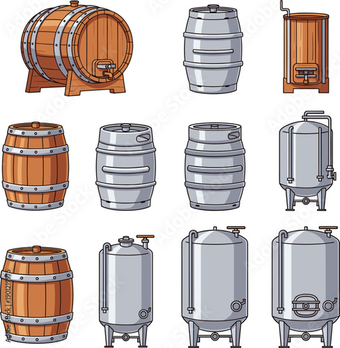 Vector illustrations of wooden oak barrels and industrial metal storage tanks for winery and brewery concepts।