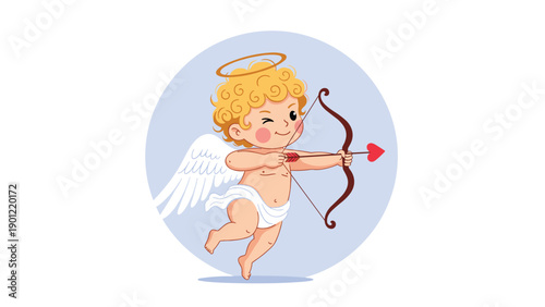 Classic cupid character with golden hair and wings aiming a love arrow from a bow inside a soft blue circular frame for valentines.