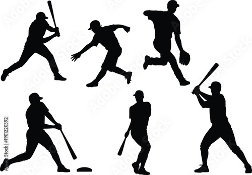 Baseball player silhouettes in action showing batting, pitching, running, and fielding poses, isolated black sports figures illustrating professional baseball gameplay movements