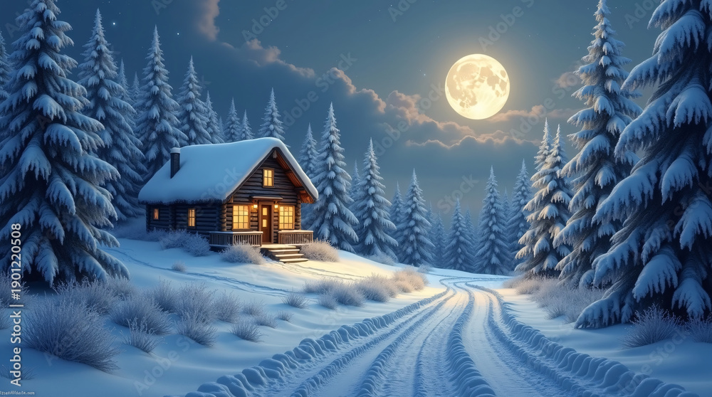 Fototapeta premium A glowing cabin in a snow-covered forest under a bright full moon.