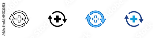 Health Refresh Multiple Style Icon Design Vector - Medical cross with circular arrows representing treatment renewal, recovery cycle, and ongoing care