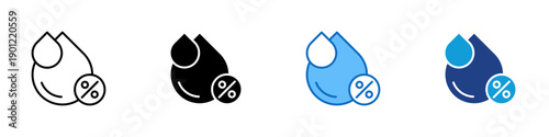Humidity Percentage Multiple Style Icon Design Vector - Water drop with percent sign representing humidity reduction, moisture control, and efficiency savings