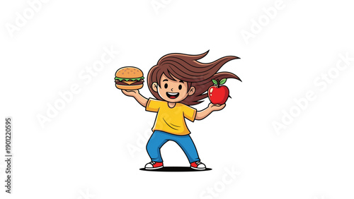 Joyful child with flowing hair, happily balancing a hamburger in one hand and a fresh apple in the other, symbolizing food choices.