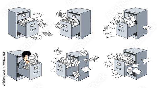 Set of six illustrations depicting overflowing filing cabinets with papers spilling out and scattered, symbolizing disorganization or heavy workload.