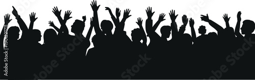 Cheering crowd silhouettes with raised hands celebrating event, concert, festival, or sports victory, energetic group of people isolated on white background