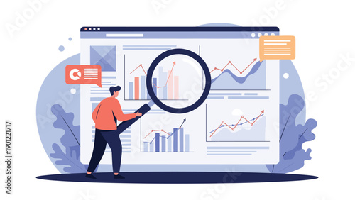 Data analyst using a giant magnifying glass to examine various business charts and statistical graphs on a large digital browser window.