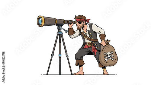 Bearded pirate character in classic attire, looking through a large telescope mounted on a tripod, while holding a bag of stolen loot.