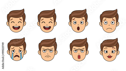 Comprehensive set of eight distinct facial expressions for a boy character, including happy, surprised, sad, angry, and neutral.