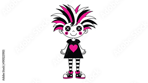Unique punk-style girl character with bold striped pink and black hair, a heart-adorned shirt, and striped socks, representing alternative fashion.