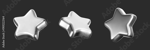 3D silver star icons isolated on a dark background. Realistic chrome metal pentagram element for review, award, badge, luxury gift, premium trophy or customer feedback. Glossy vector decoration design