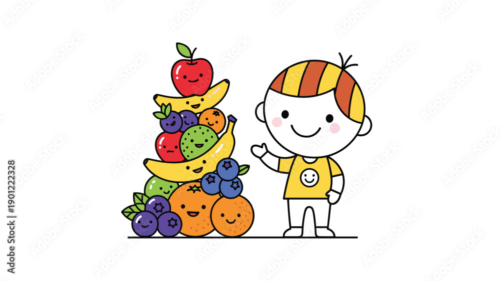 Fototapeta premium Cheerful cartoon boy, happily waving, stands beside a towering pile of various smiling fruits, symbolizing healthy eating and abundance.