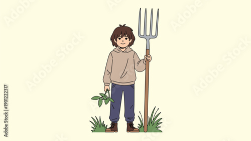 Young farmer stands in a patch of green grass, holding a large pitchfork and freshly picked green plant sprigs, embodying agricultural work.