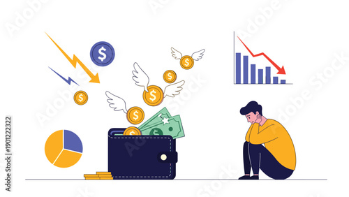 Depressed man sitting next to a dark wallet with flying coins and money representing financial crisis bankruptcy and poverty.