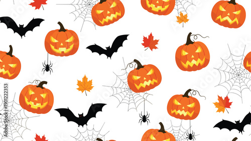 Spooky seamless halloween pattern with scary jack o lanterns bats spider webs and falling autumn leaves on a white background.