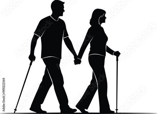 Senior couple walking together with canes, elderly support and companionship concept, healthy lifestyle, care, love, black silhouette illustration